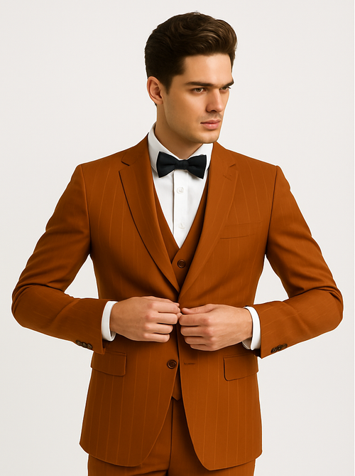Tazzio Men’s Terracotta Orange Pinstripe Skinny Fit Suit – Modern Stylish Outfit