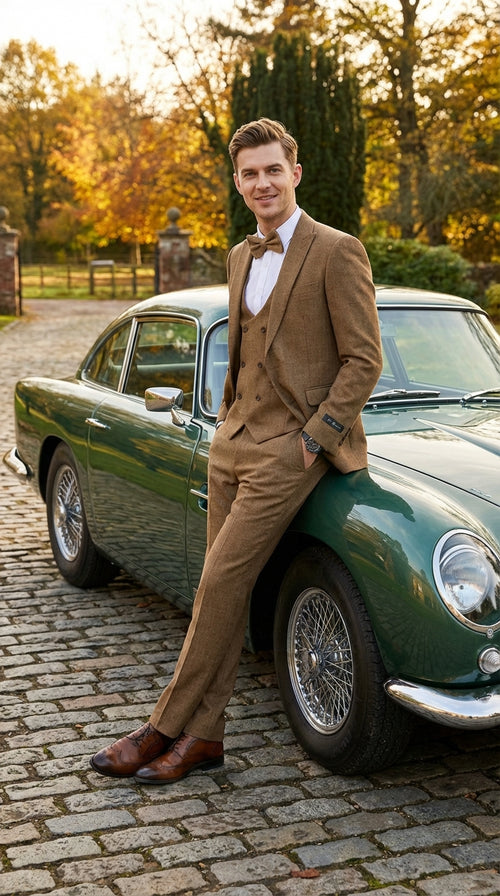 Mens Mocca Brown Taupe textured 1920s Great Gatsby Inspired Suit – Vintage Three Piece Retro Formal Suit Peak Lapel