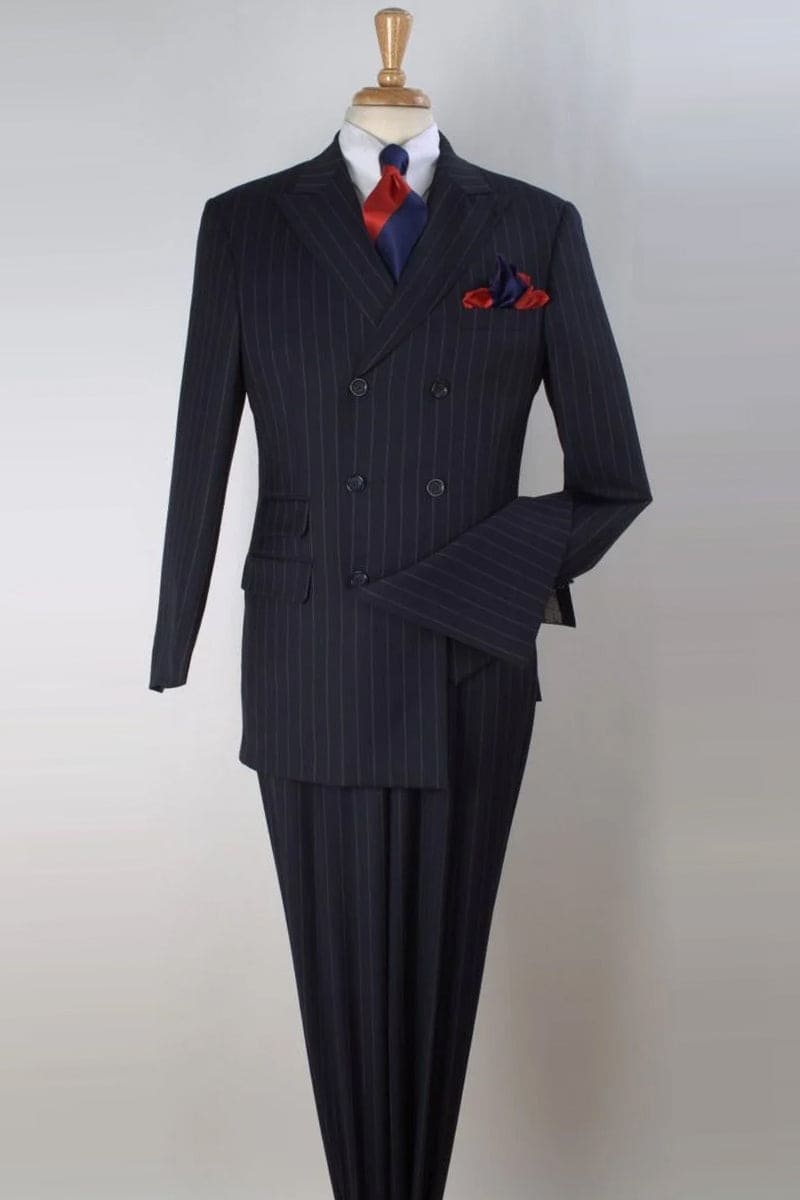"Navy Pinstripe Wool Vested Suit - Men's Double Breasted Fashion"