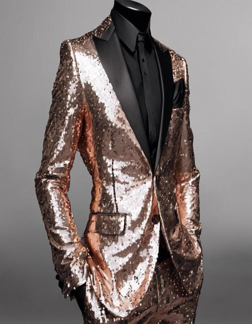 Men's Rose Gold Sequin Tuxedo Suit with Black Satin Lapel – Luxury Slim Fit Blazer for Parties and Events