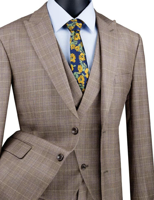 Three Piece Glen Plaid Tan Suit