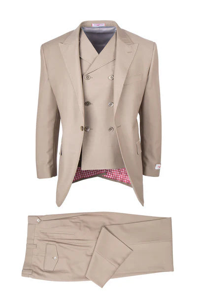 Tiglio Rosso Brand - Classic Suit Fit Pleated Pants Athletic Cut Real Wool Fabric Suit Peak Lapel in Color Tan Semi Wide leg Slack
