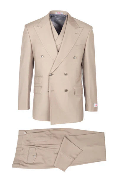Tiglio Rosso Brand - Classic Suit Fit Pleated Pants Athletic Cut Real Wool Fabric Suit Peak Lapel Semi Wide leg Slack in Color Tan