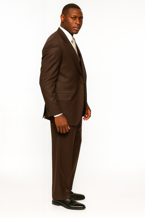 Chocolate brown, double-breasted 3-piece suit in super 150s wool. Features a structured blazer, vest, and pleated pants with a tailored fit.