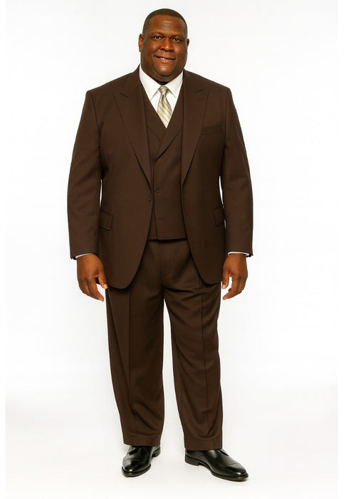 Tiglio Rosso men's chocolate brown 3-piece suit. Features: double-breasted vest, pleated pants, 100% Super 150s wool. Tailored, formal fit. Entirely chocolate brown.