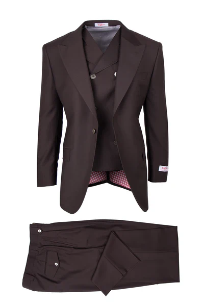 Tiglio Rosso men's chocolate brown three-piece suit. 100% Super 150s wool. Double-breasted vest. Pleated pants. Structured jacket with peaked lapels and two buttons. Tailored fit, subtle sheen.