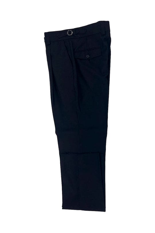 Tiglio Luxe black wool Marbella dress pants: semi-wide leg, straight cut, tailored shape. Features belt loops, single back pocket, and belt closure for a structured fit.