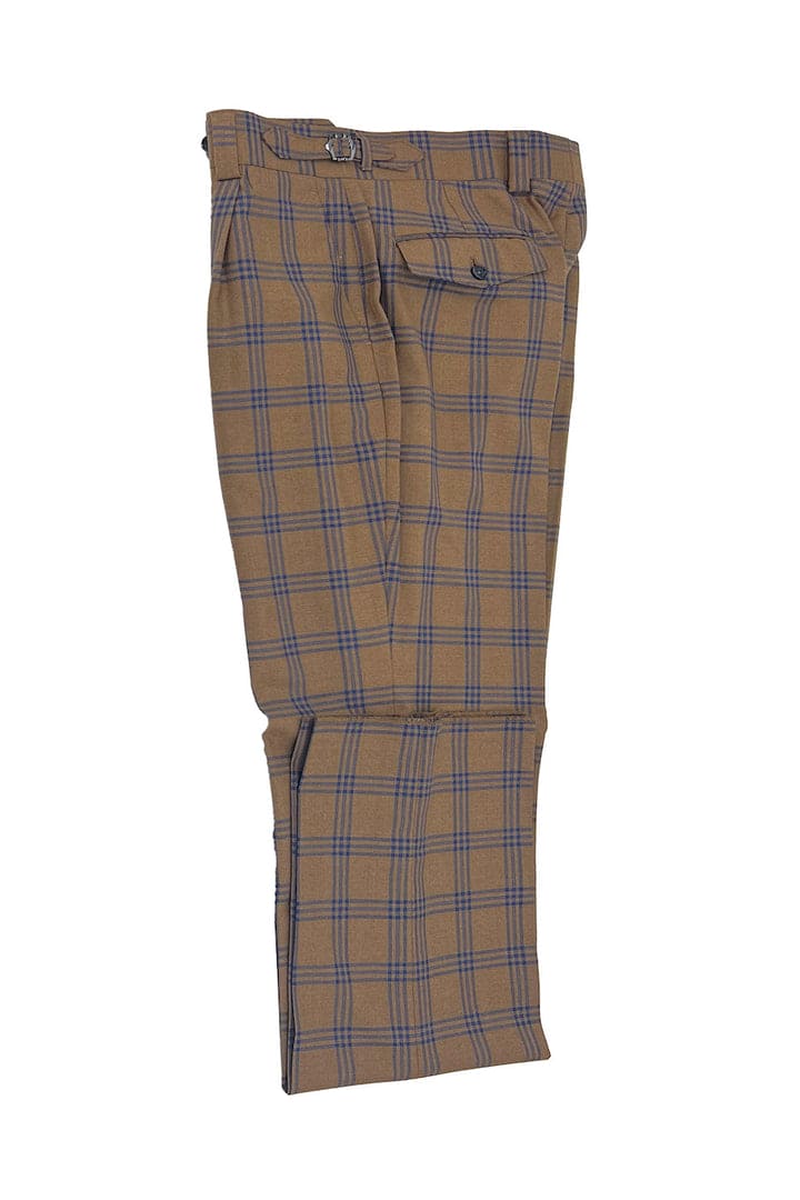 Tiglio Luxe Camel with Blue Windowpane Semi-Wide Leg Wool Marbella Dress Pants TL3304