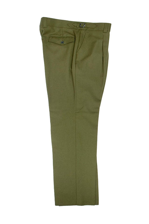 Tiglio Luxe Marbella dress pants. Moss green, semi-wide leg. Wool fabric with a smooth texture and slight flare. Straight leg design. Waistband with fastening, single left pocket.