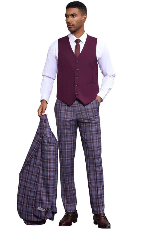 Men's Stacy Adams lavender purple vested suit. Bold windowpane plaid pattern. Fitted vest, flat-front trousers, and matching jacket. Features varied lavender and dark purple shades.
