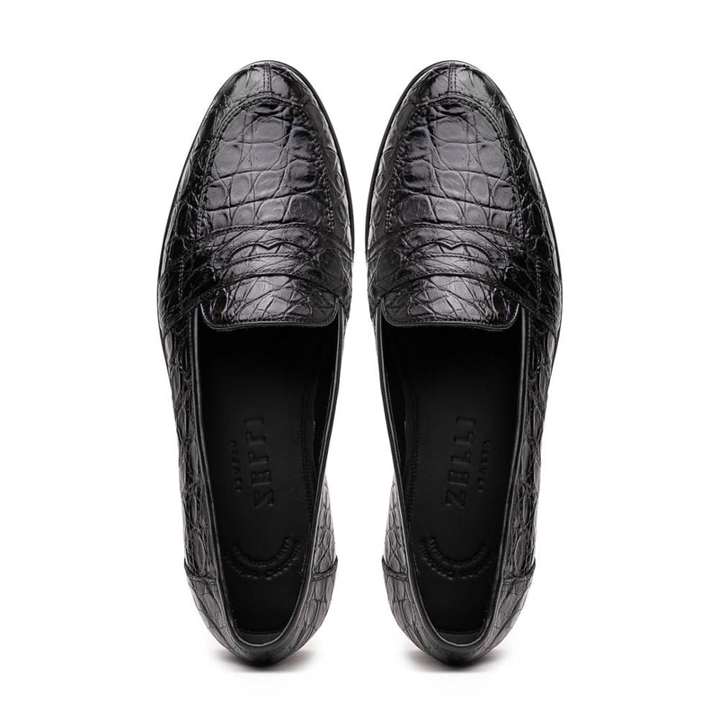 Zelli Tuscany Genuine Caiman Crocodile Penny Loafer in Black