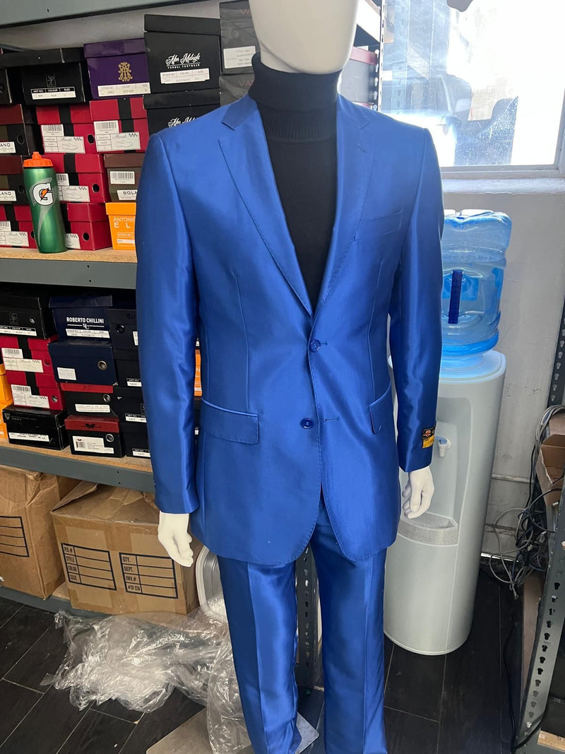 Men’s Royal Blue Shiny Satin Suit – 2-Piece Slim Fit with Peak Lapel