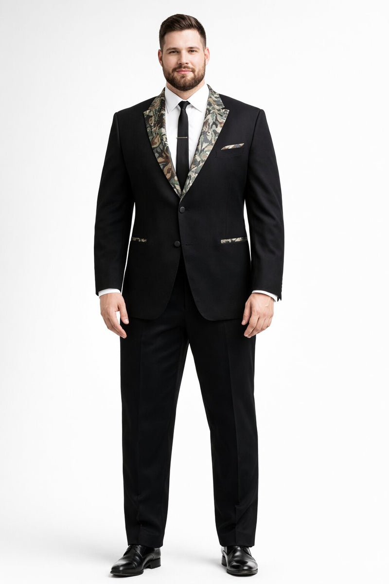 Army Green Tuxedo - Camouflage Patterned - Two Toned Vested Olive Camo 2 Button Single Breasted Tuxedo