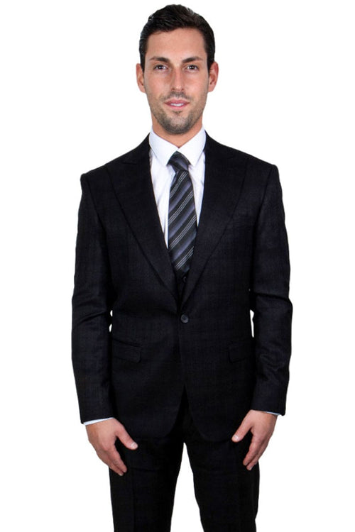 Mens Stacy Adams Suit - Stacy Adams Suit Men's Glen Plaid Suit - One Button Vested Peak Lapel in Black