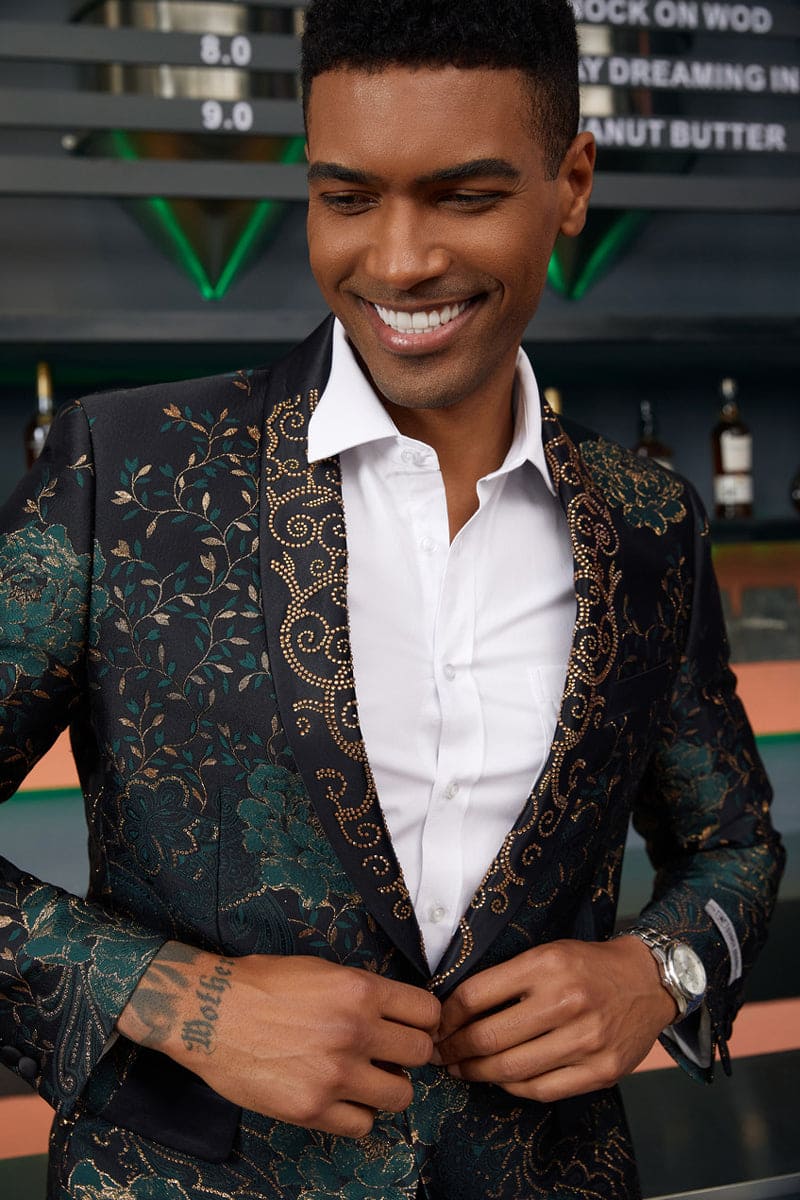 "Stacy Adams Men's Designer Tuxedo Jacket - Prom 2025 & Wedding, Green & Gold Floral Paisley"