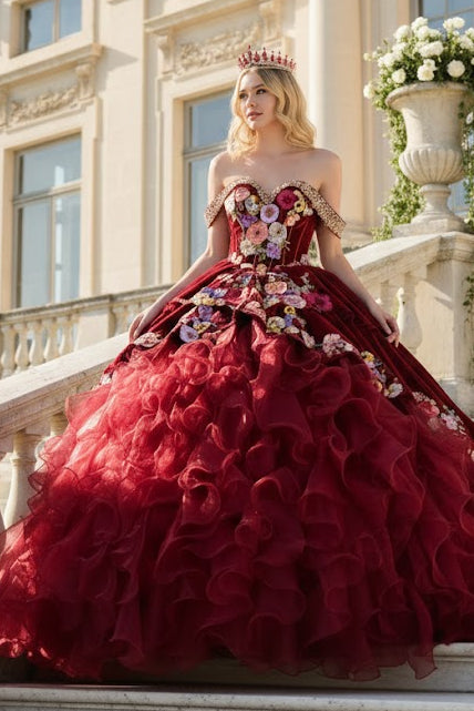 Burgundy Charro Quinceanera Dress Off Shoulder Ruffled Ball Gown by Elizabeth K GL3638