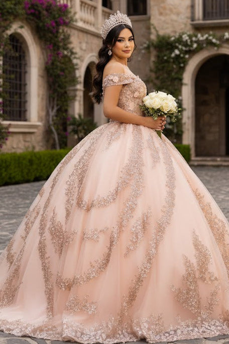 Off the Shoulder QuinceaƱera Ball Gown with Sequins 3D Floral Lace Sweet 16 Dress by Layla K LK285