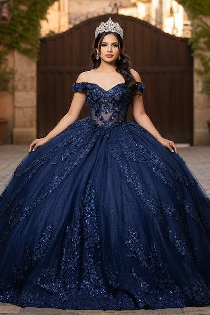 Off the Shoulder QuinceaƱera Ball Gown with Sequins 3D Floral Lace Sweet 16 Dress by Layla K LK285