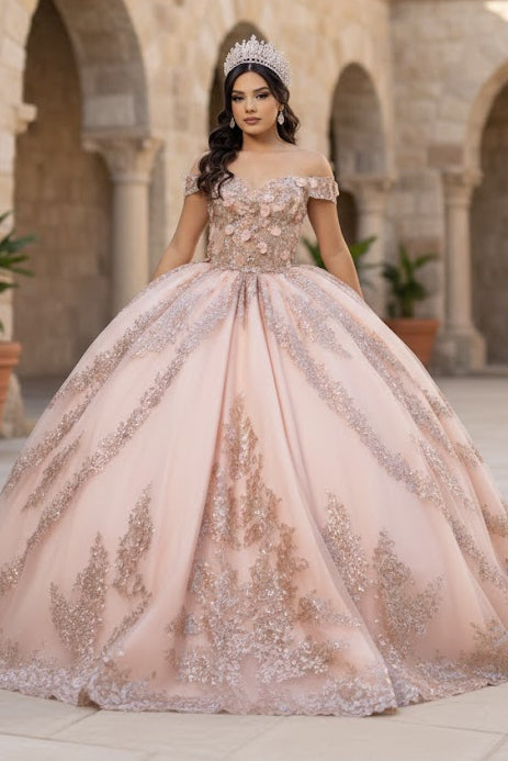 Off the Shoulder QuinceaƱera Ball Gown with Sequins 3D Floral Lace Sweet 16 Dress by Layla K LK285