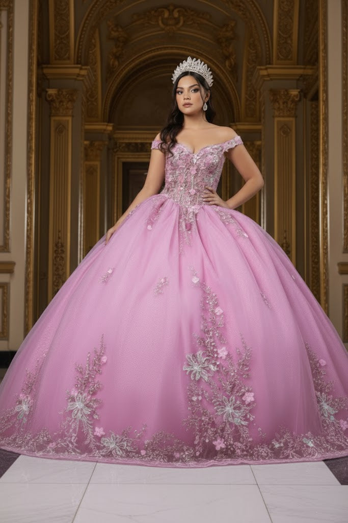 Luxurious Off The Shoulder QuinceaƱera Ball Gown with 3D Floral AppliquƩs Glitter Tulle Skirt by Layla K LK286