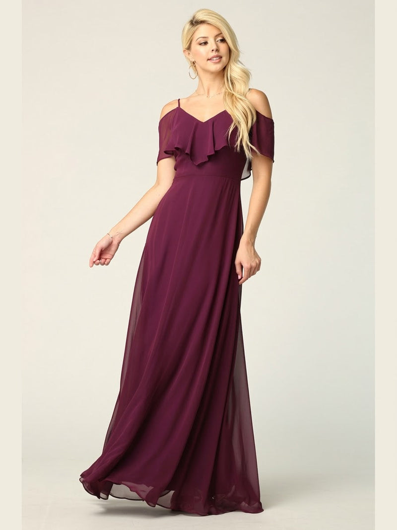 Cold Shoulder Chiffon Maxi Dress with Ruffle Overlay by Eva USA 3263