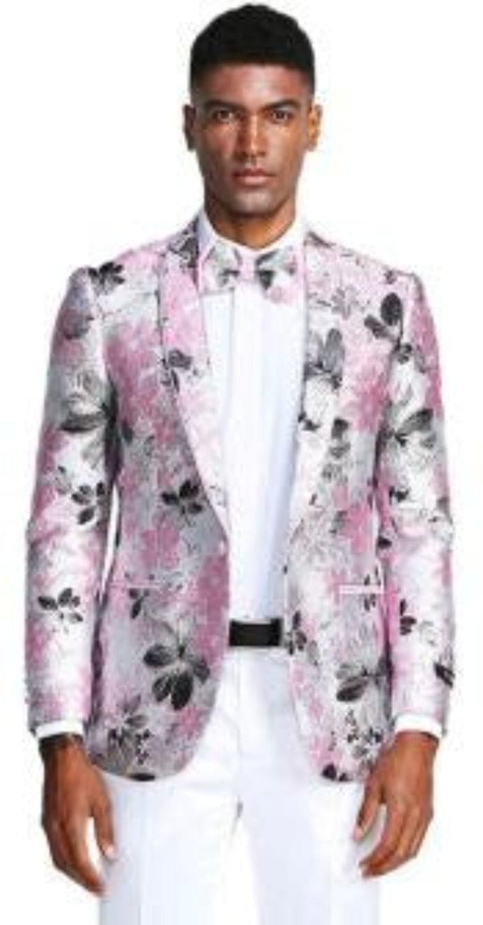 Mens Slim Fit Shawl Label Paisley Prom Tuxedo Pink And Black Jacket