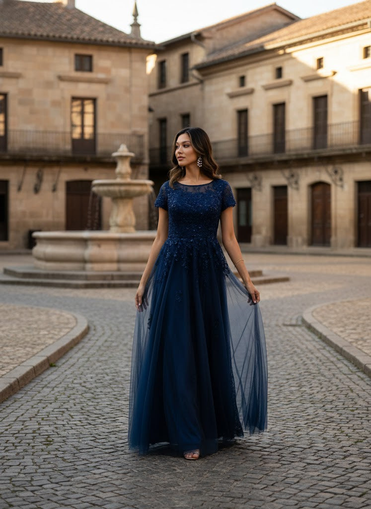 Eva USA 5261 Monochrome Appliqué Tulle Mother of the Bride Gown