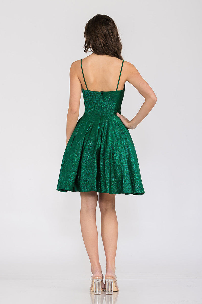 Short Metallic V-Neck A-Line Dress with Pockets by Perrty 3075