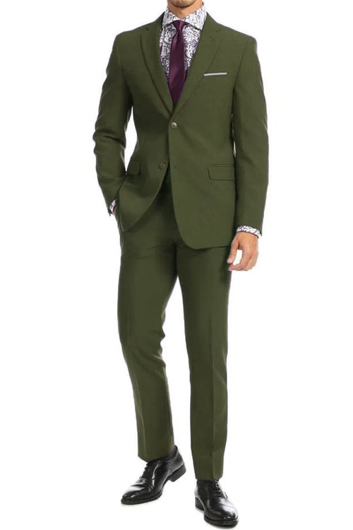 "Olive Green Modern Fit Wool Feel Men's Two-Button Suit"
