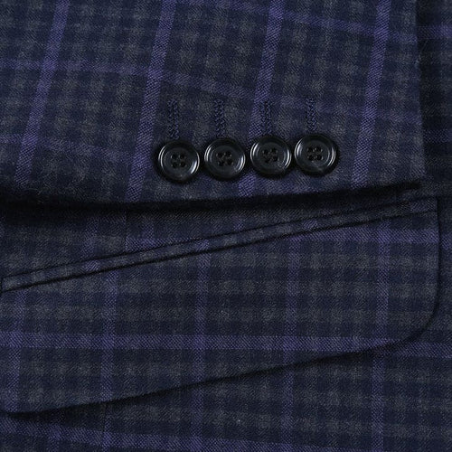 Mens Plaid Suit - Patterned Business Suit - Mens Two Button Slim Fit Two Piece Wool Suit In Navy Blue & Purple Micro Check Plaid