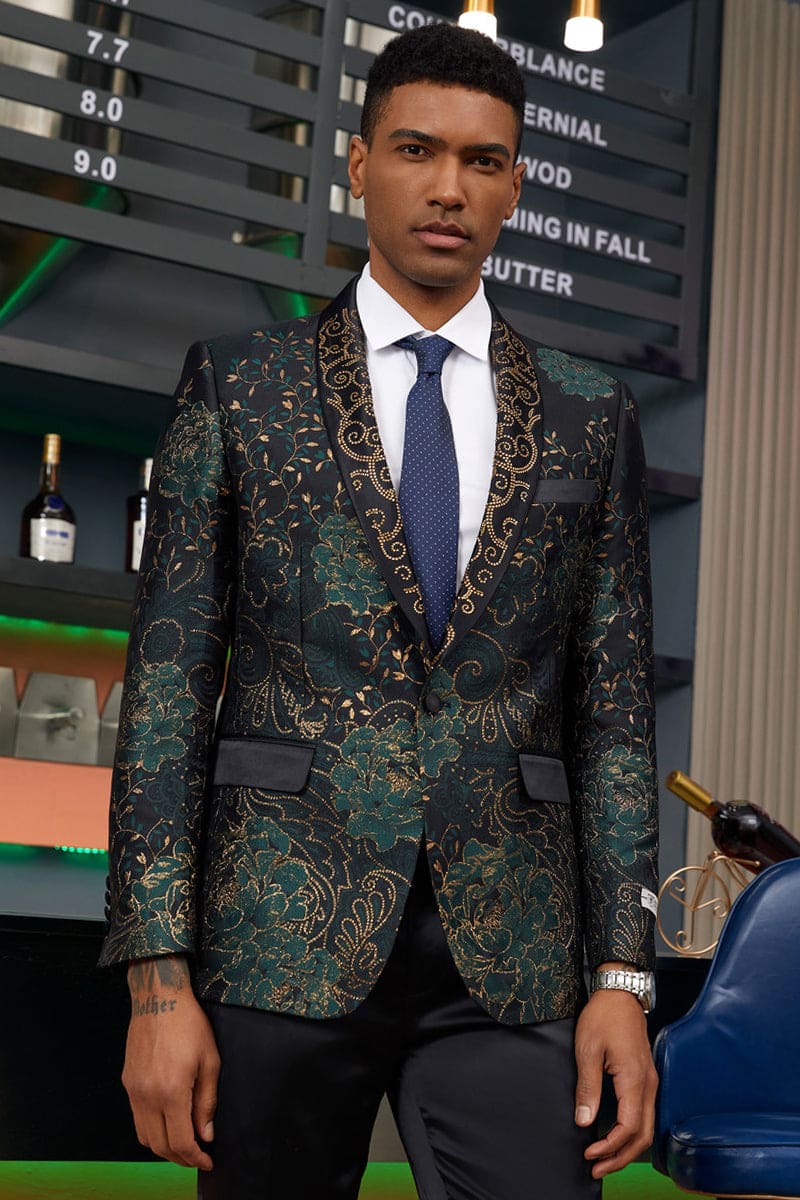 "Stacy Adams Men's Designer Tuxedo Jacket - Prom 2026 & Wedding, Green & Gold Floral Paisley"