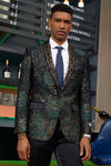 "Stacy Adams Men's Designer Tuxedo Jacket - Prom 2025 & Wedding, Green & Gold Floral Paisley"
