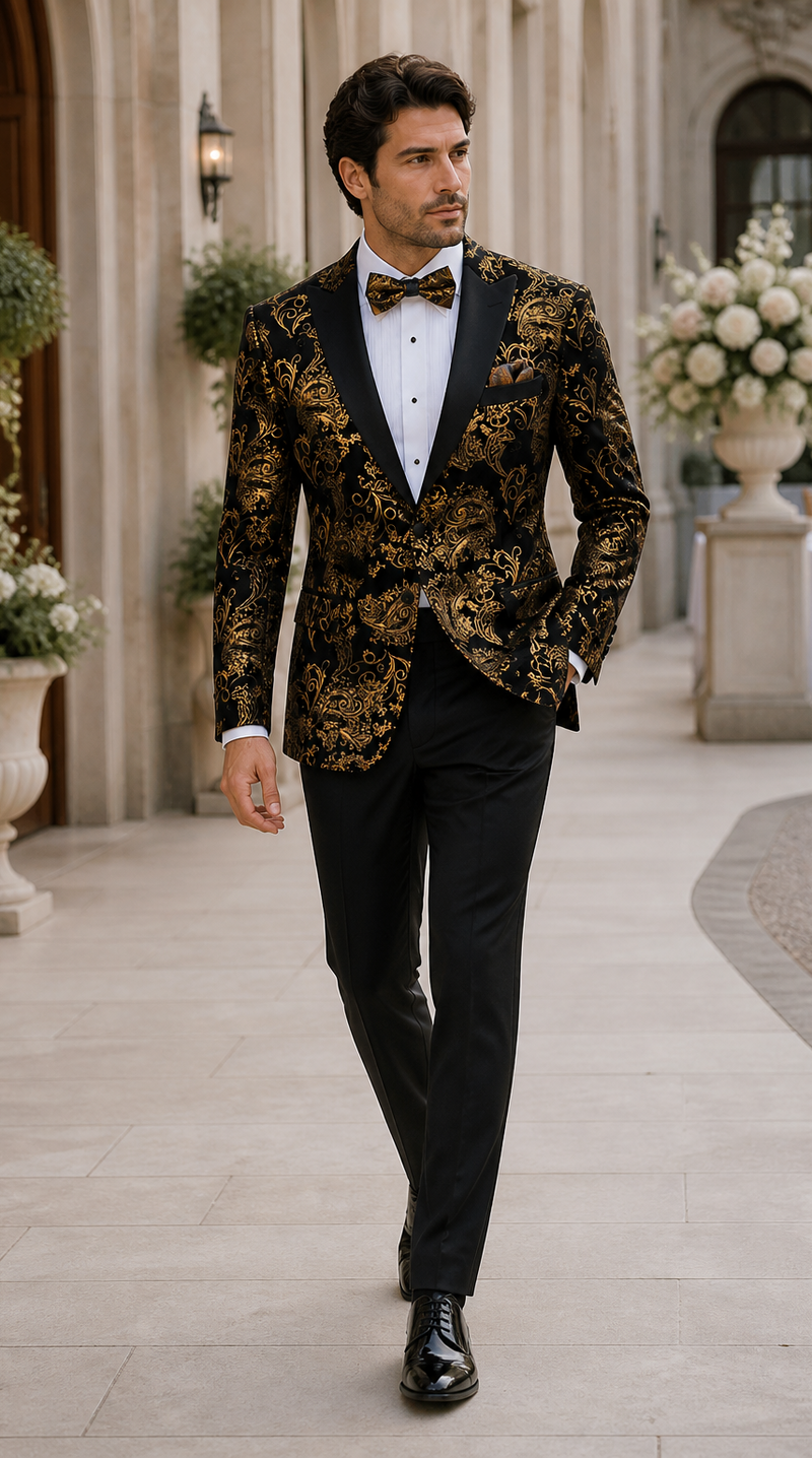 Velvet Floral Paisley Men's Tuxedo Jacket - Modern Fit In Gold & Black
