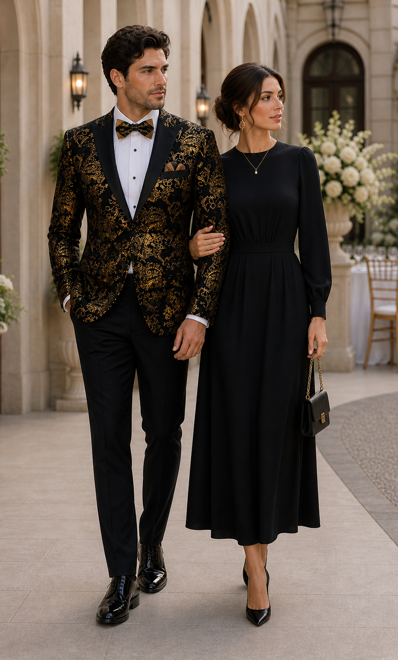 Velvet Floral Paisley Men's Tuxedo Jacket - Modern Fit In Gold & Black