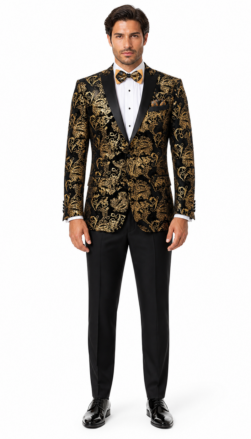 Velvet Floral Paisley Men's Tuxedo Jacket - Modern Fit In Gold & Black