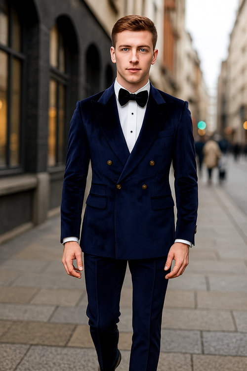 Navy Blue Velvet Double Breasted Suits - Velvet Pants - Slim Fit Suit