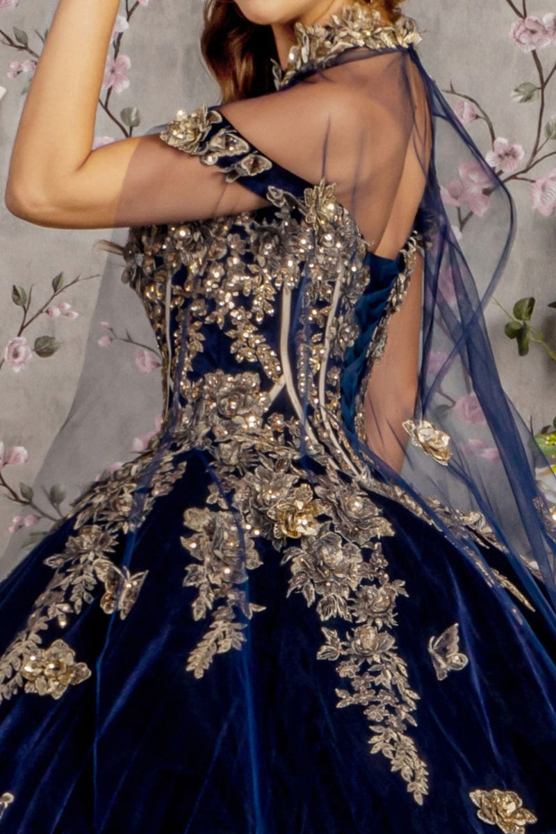 Navy Blue And Gold Quinceanera Dresses Velvet Cape Ball Gown by GL3471