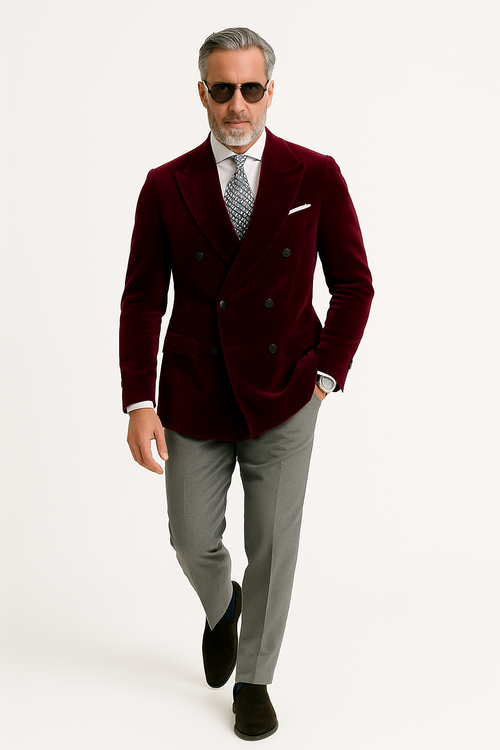 Mens Double Breasted Velvet Blazer - Burgundy blazer