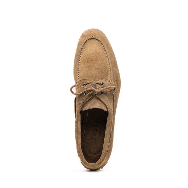 Zelli Venice Hand-Stitched Sueded Goatskin Boat Shoe in Taupe