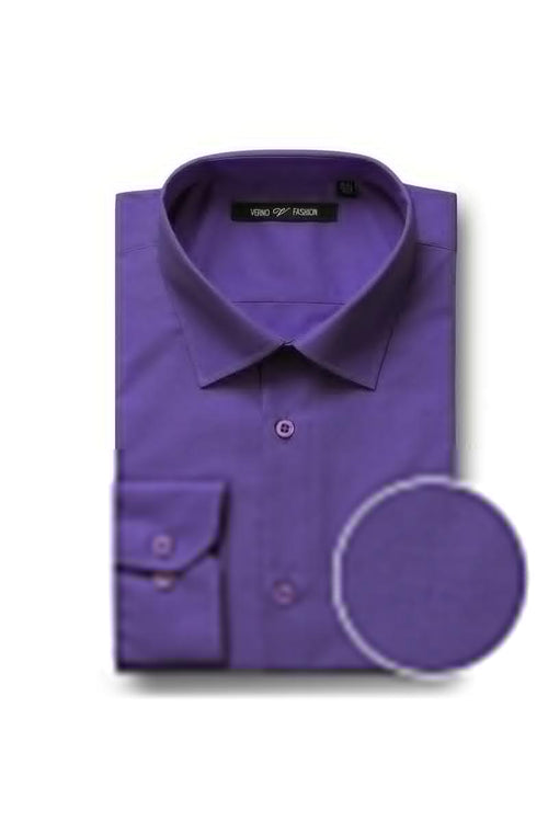 Lilac dress shirt with classic fit, spread collar, smooth fabric. Features a front placket and single-button cuffs. Solid color. Elegant and refined.