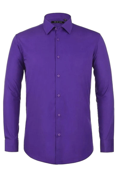 Lilac dress shirt: Classic fit, spread collar, long sleeves. Solid purple, smooth fabric (likely cotton), button closure. Elegant and versatile.