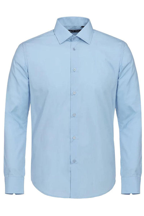 Verno men's dress shirt in sky blue with classic collar, long sleeves, and button-up front (6 buttons). Features a smooth fabric, rounded hem, and buttoned cuffs for a structured fit.