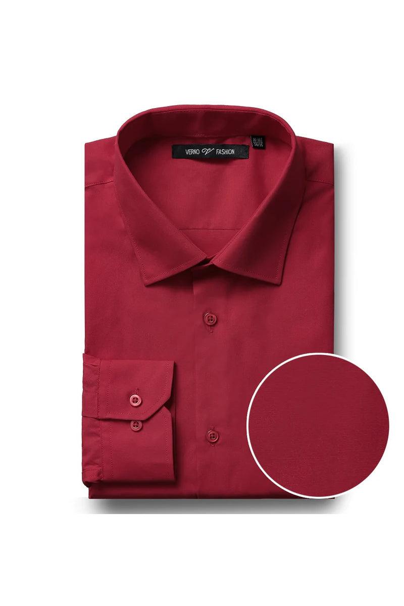 Men's classic fit dress shirt in solid red with a spread collar. Neatly folded, showcasing button details & double-button cuffs. Smooth, textured fabric.