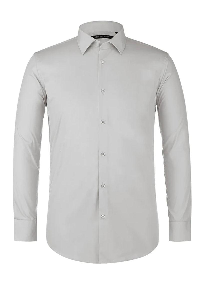 Verno's grey slim-fit dress shirt: collared, long-sleeved, straight cut. Smooth, light grey fabric with subtle sheen. Button-front closure, buttoned cuffs. Solid, pattern-free design.