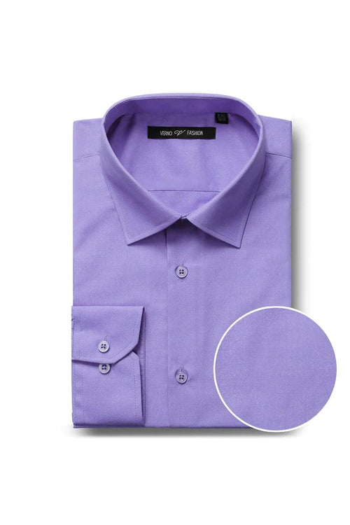 Verno's lavender tuxedo shirt: classic collar, long sleeves with button cuffs, and a button-down placket. Solid lavender color with a smooth, formal texture.