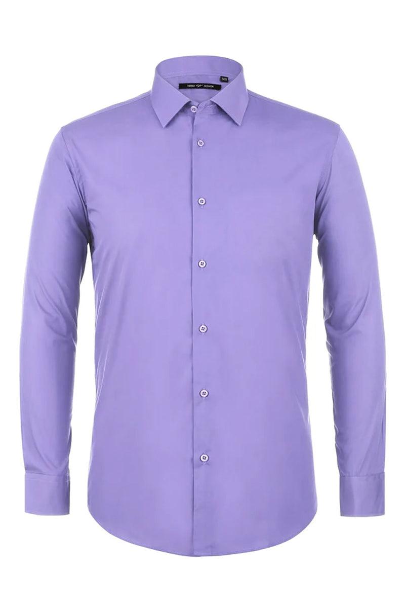 Men's classic lavender dress shirt with spread collar, long sleeves, and button cuffs. Features a front button closure. Standard fit with a tailored shape and curved hemline. Likely cotton or blend.