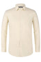 Men's taupe dress shirt with spread collar, button-down front, and long sleeves with button cuffs. Smooth fabric provides a structured look. Neutral, uniform color.