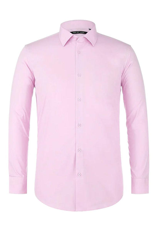 Men's Verno pink dress shirt. Classic fit, spread collar, long sleeves, front button closure. Light pink, smooth fabric, straight hem.