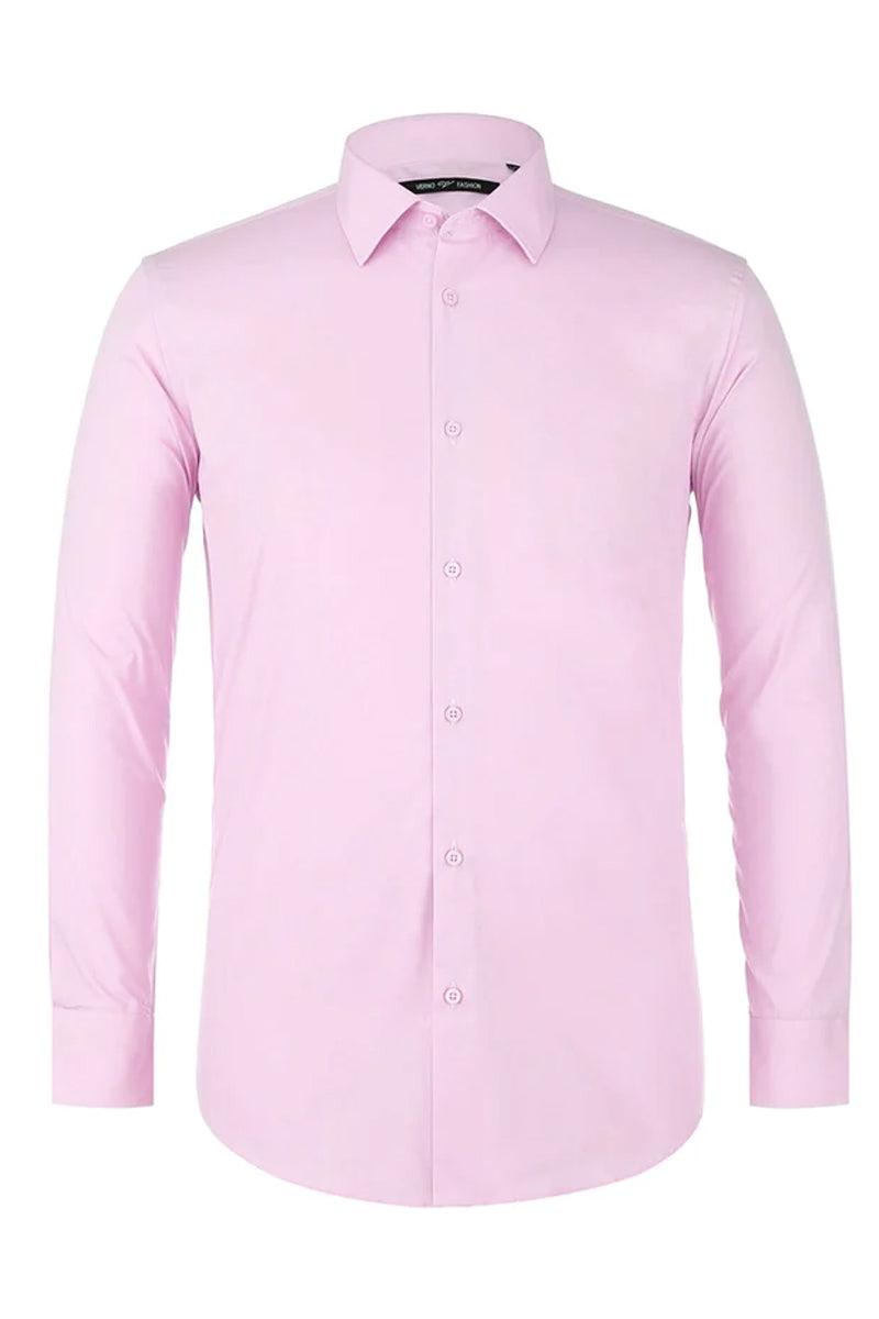 Verno pink dress shirt with classic fit, spread collar, and long sleeves. Smooth fabric, button-down front with matching buttons, and rounded hem.