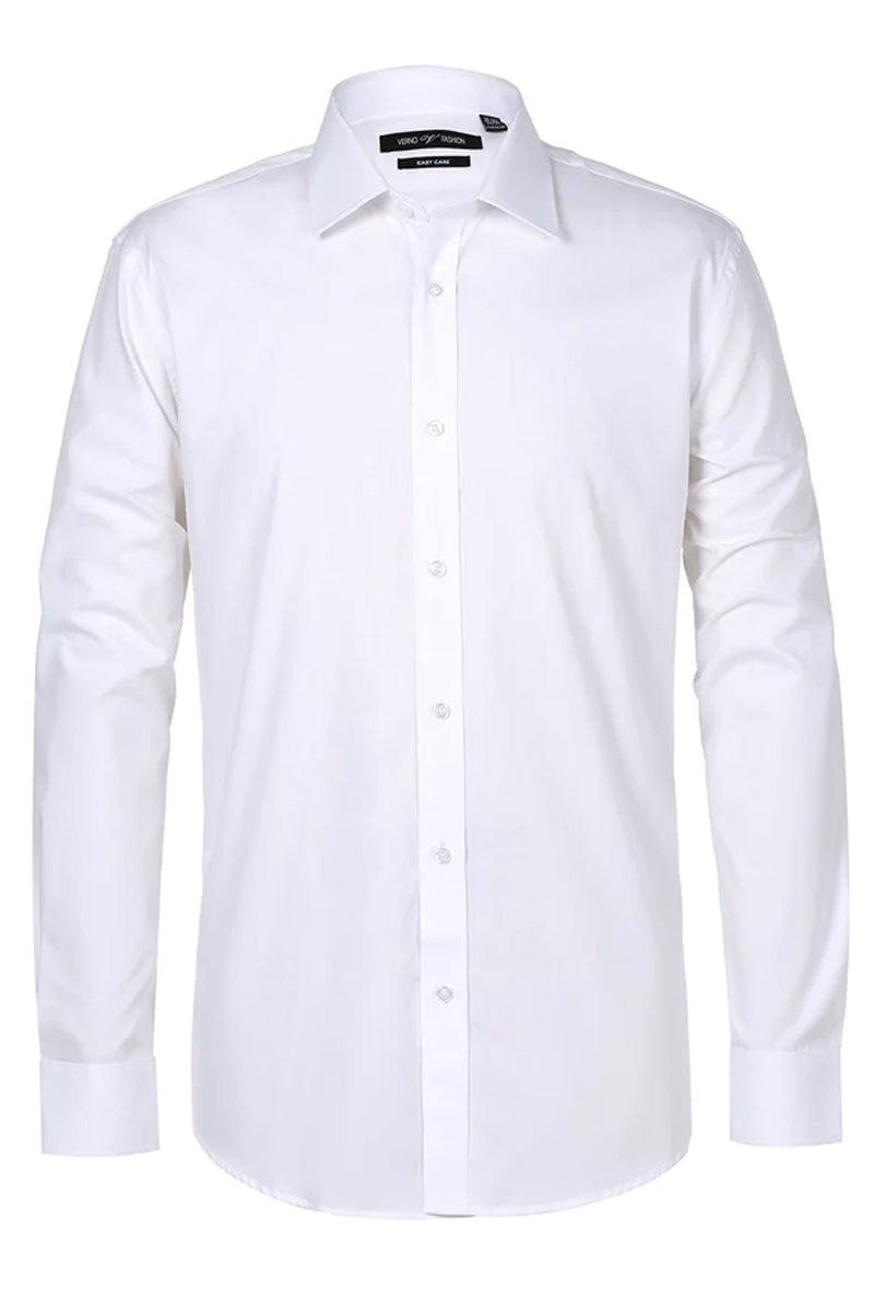 Elegant slim-fit white dress shirt. Features a spread collar, long sleeves with buttoned cuffs, and a central button placket. Smooth, solid white fabric. Tailored cut for a contoured fit.